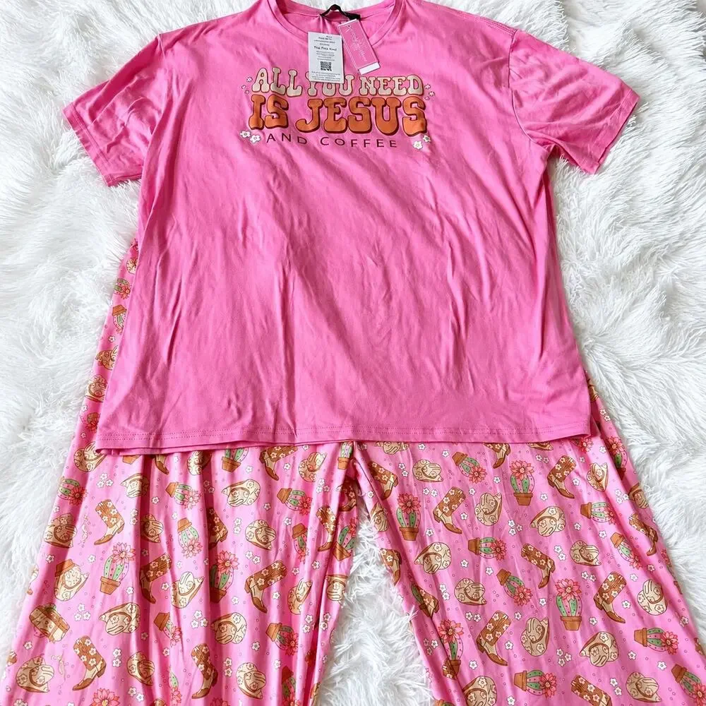 Simply Southern Jesus Coffee Pajama Set XL Pink Western Cowboy NWT Christian